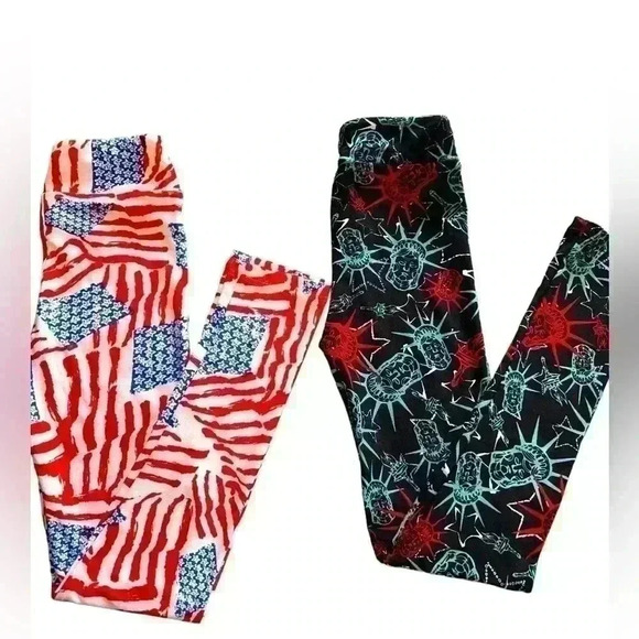 Lularoe kids L/Xl kids Americana leggings Bundle. 2pair.Flags& Lady liberty NWOT - Picture 2 of 7